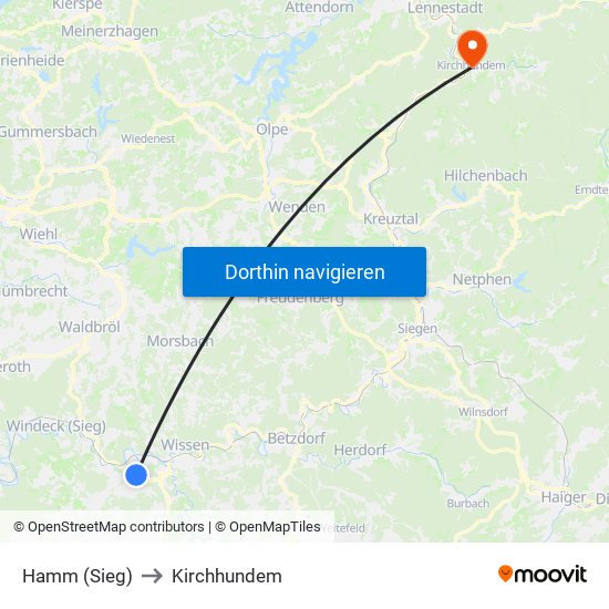 Hamm (Sieg) to Kirchhundem map