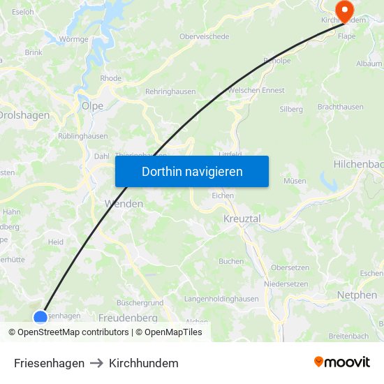 Friesenhagen to Kirchhundem map