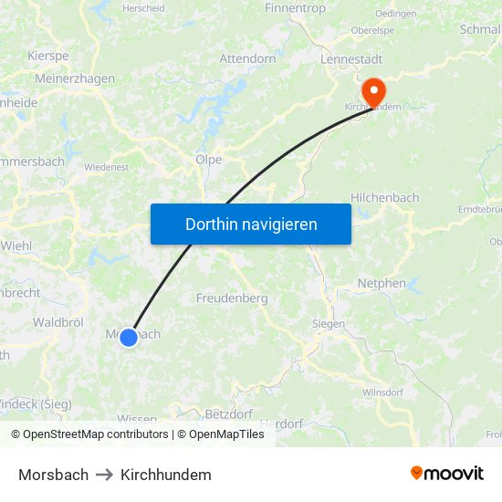 Morsbach to Kirchhundem map