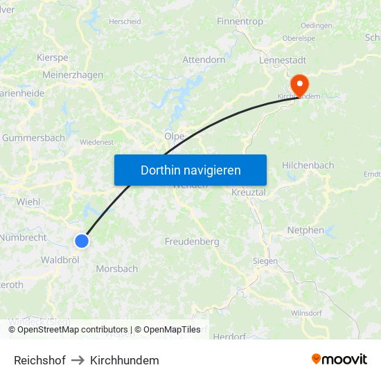 Reichshof to Kirchhundem map