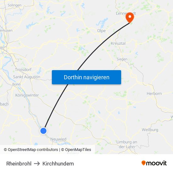 Rheinbrohl to Kirchhundem map