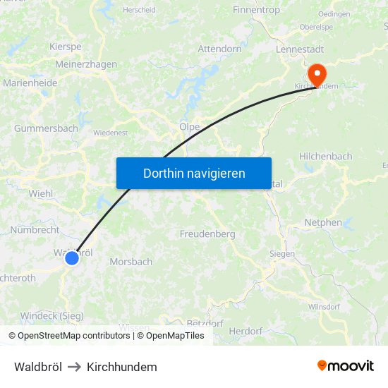 Waldbröl to Kirchhundem map