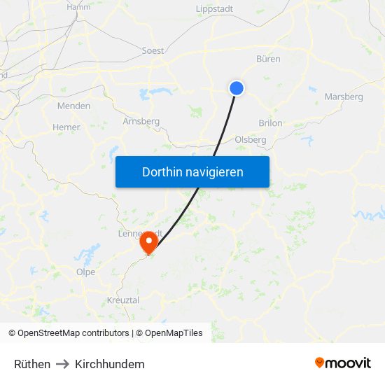 Rüthen to Kirchhundem map