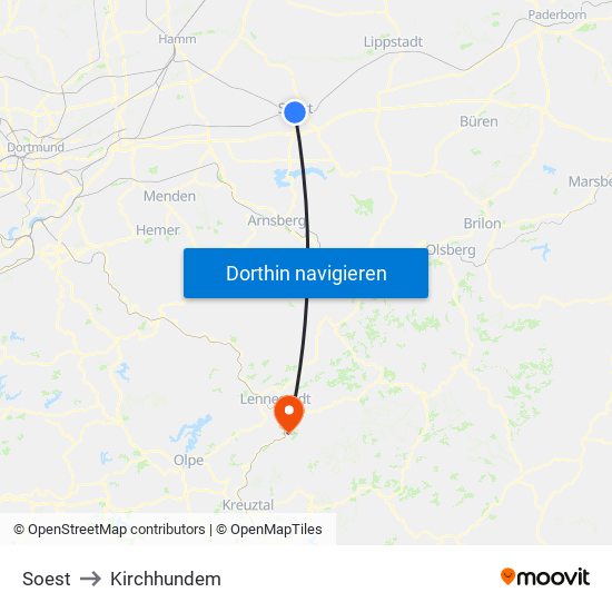 Soest to Kirchhundem map