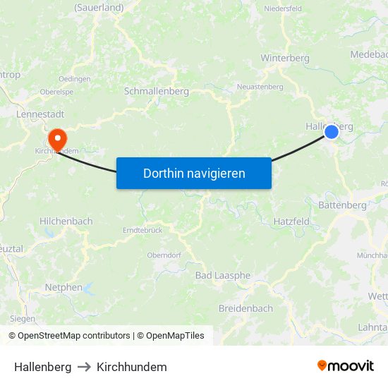 Hallenberg to Kirchhundem map