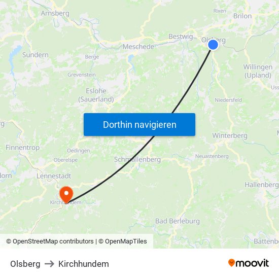 Olsberg to Kirchhundem map