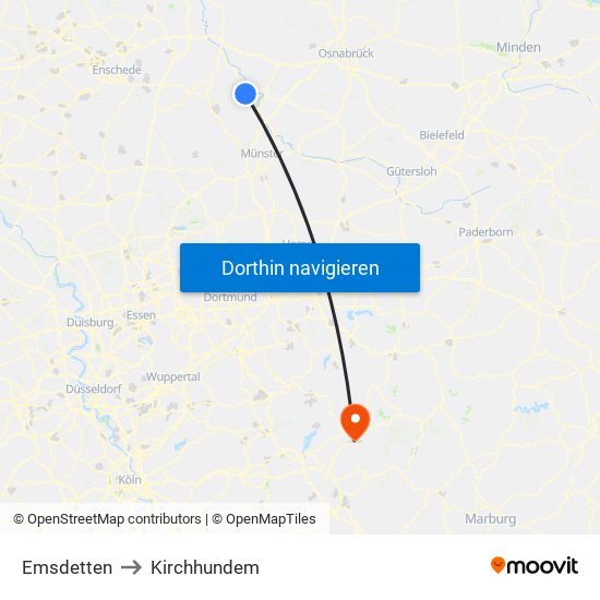 Emsdetten to Kirchhundem map