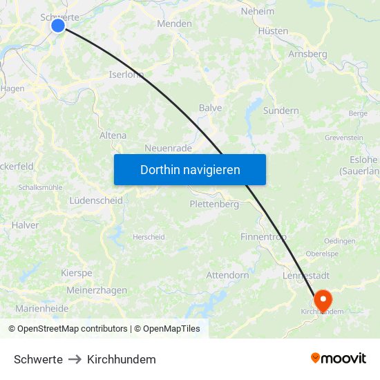 Schwerte to Kirchhundem map