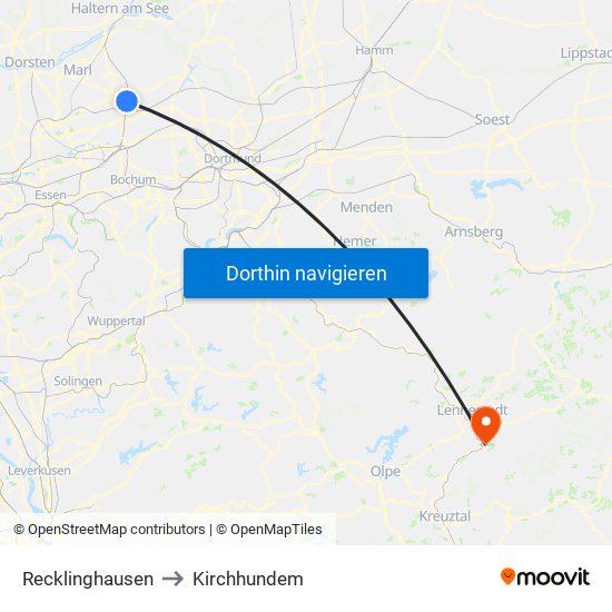 Recklinghausen to Kirchhundem map