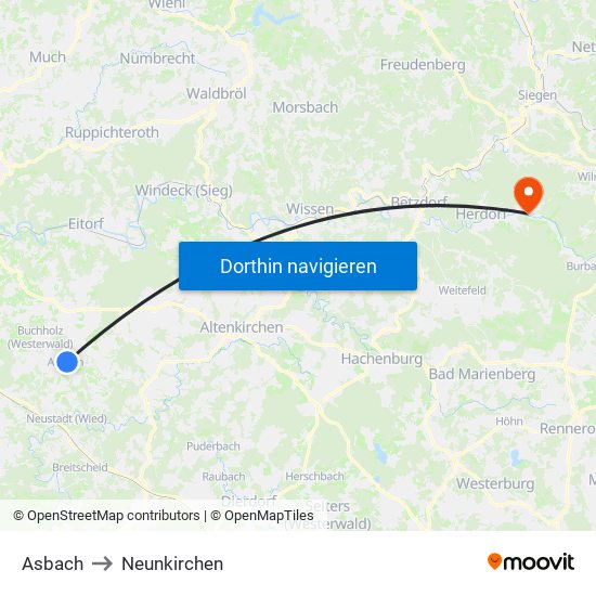 Asbach to Neunkirchen map