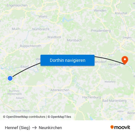 Hennef (Sieg) to Neunkirchen map