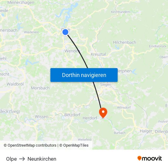 Olpe to Neunkirchen map