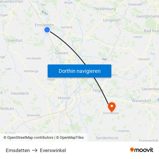 Emsdetten to Everswinkel map