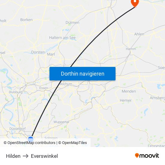 Hilden to Everswinkel map