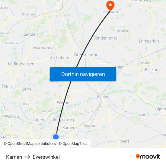 Kamen to Everswinkel map