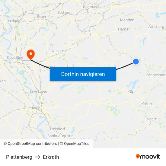 Plettenberg to Erkrath map