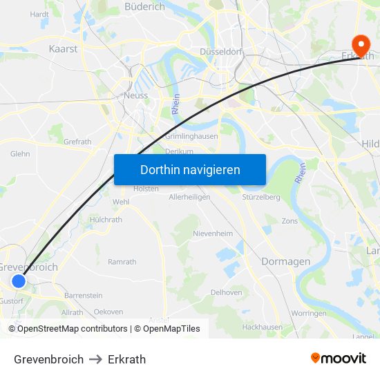 Grevenbroich to Erkrath map