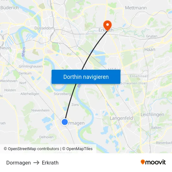 Dormagen to Erkrath map