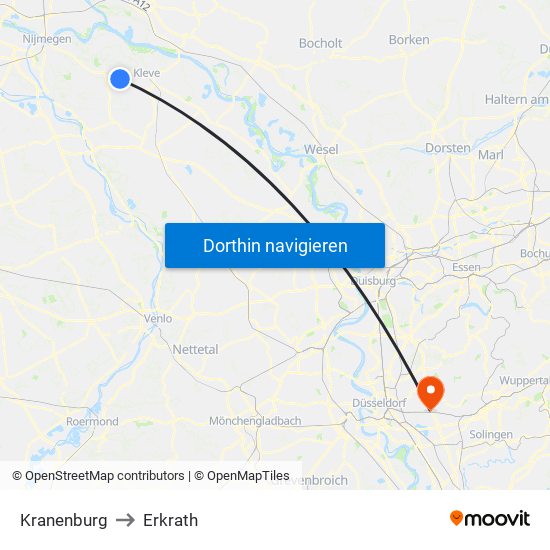 Kranenburg to Erkrath map