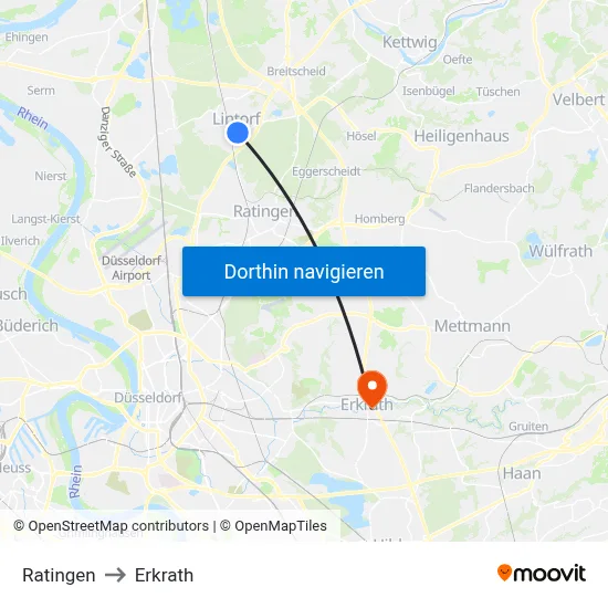 Ratingen to Erkrath map