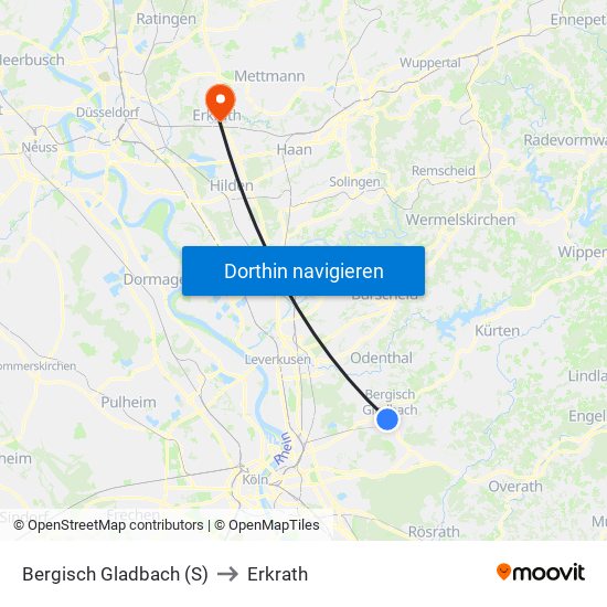 Bergisch Gladbach (S) to Erkrath map