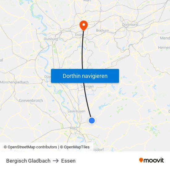 Bergisch Gladbach to Essen map