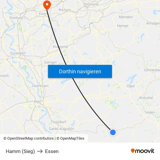 Hamm (Sieg) to Essen map