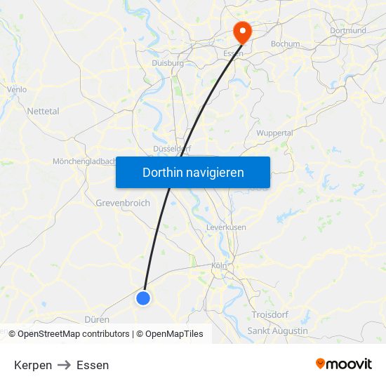 Kerpen to Essen map