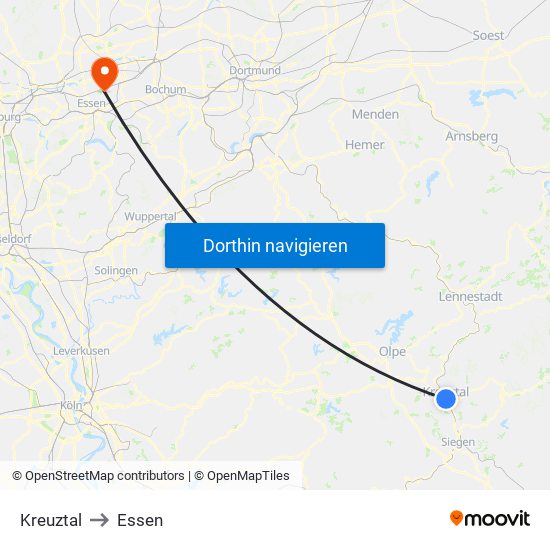 Kreuztal to Essen map