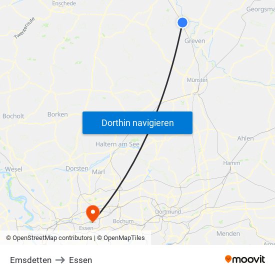 Emsdetten to Essen map