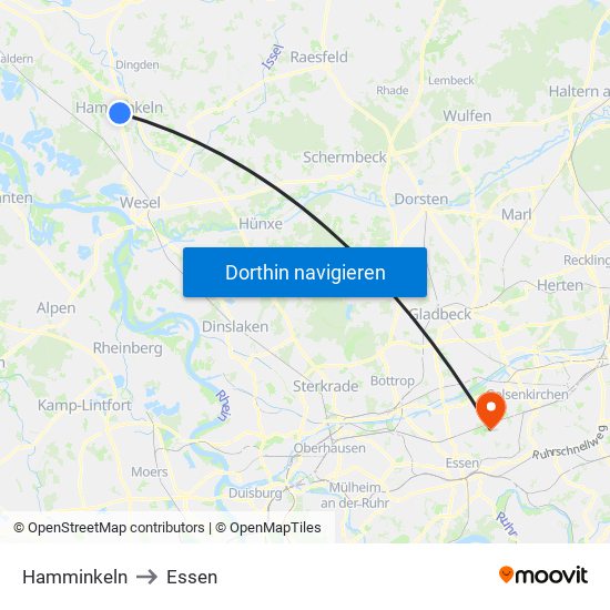 Hamminkeln to Essen map