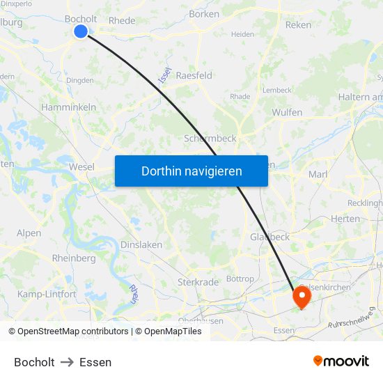 Bocholt to Essen map