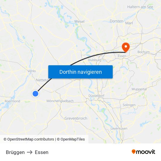 Brüggen to Essen map