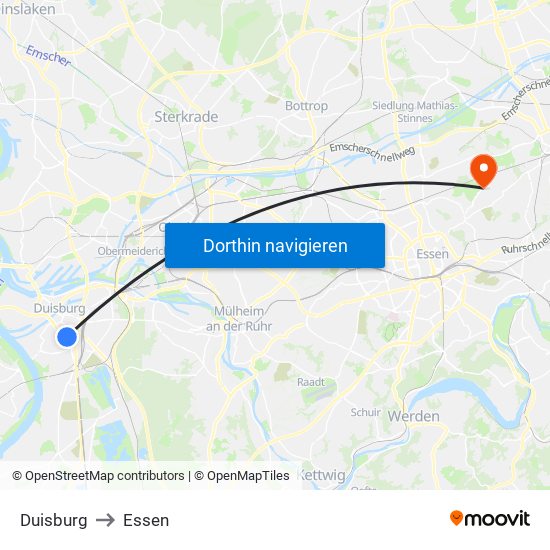 Duisburg to Essen map