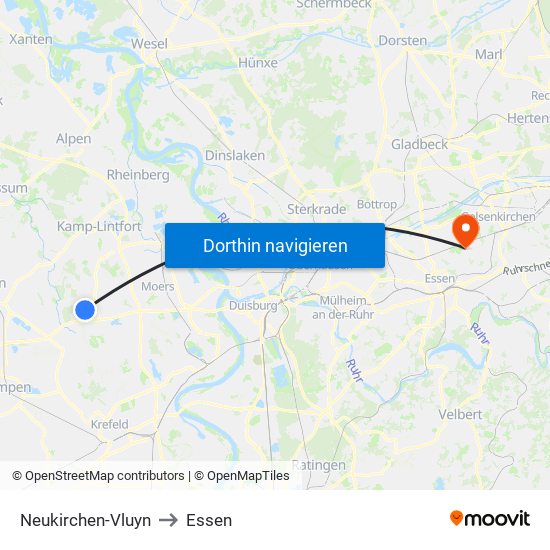 Neukirchen-Vluyn to Essen map