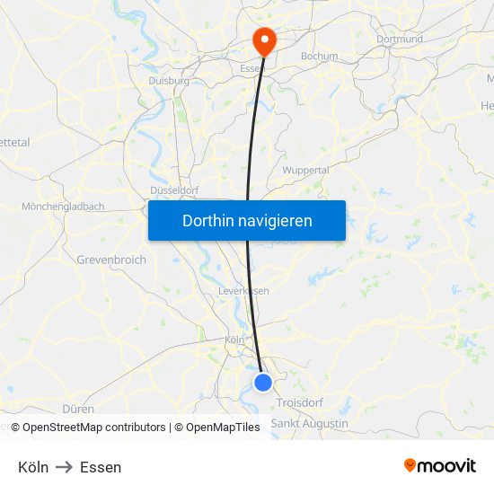 Köln to Essen map