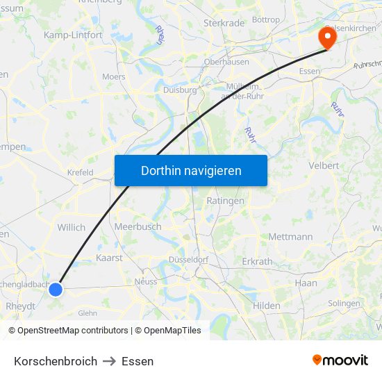 Korschenbroich to Essen map