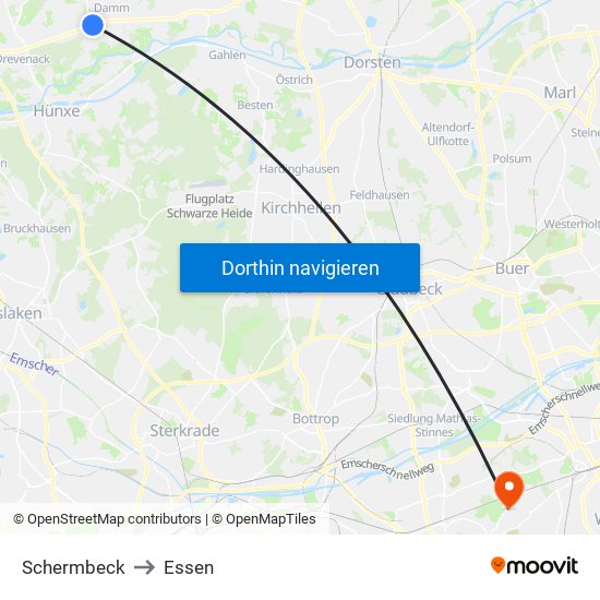 Schermbeck to Essen map