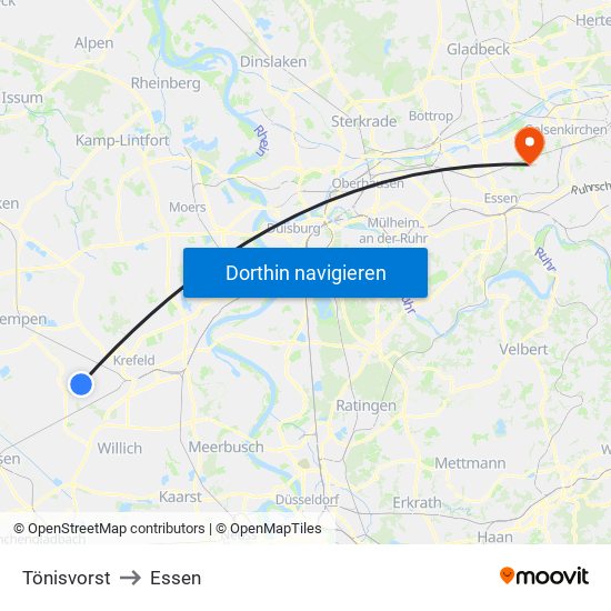 Tönisvorst to Essen map