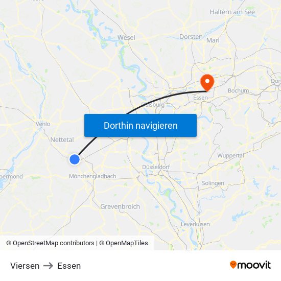 Viersen to Essen map