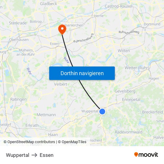 Wuppertal to Essen map