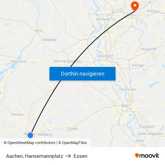 Aachen, Hansemannplatz to Essen map