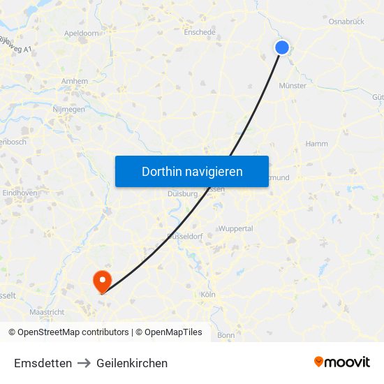 Emsdetten to Geilenkirchen map