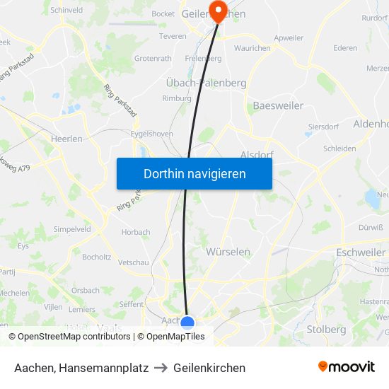 Aachen, Hansemannplatz to Geilenkirchen map