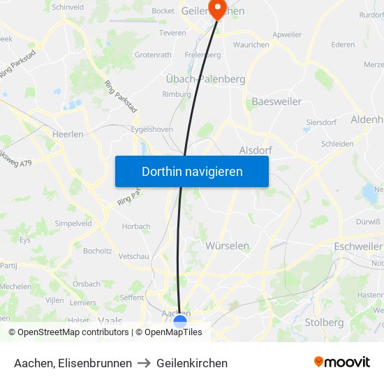 Aachen, Elisenbrunnen to Geilenkirchen map