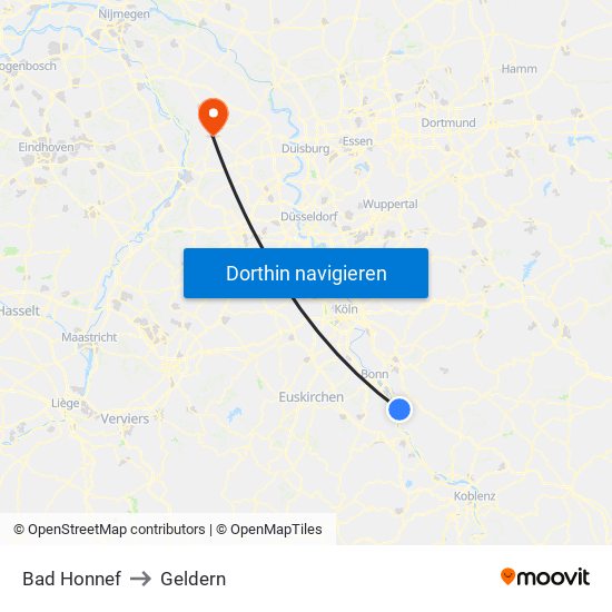 Bad Honnef to Geldern map