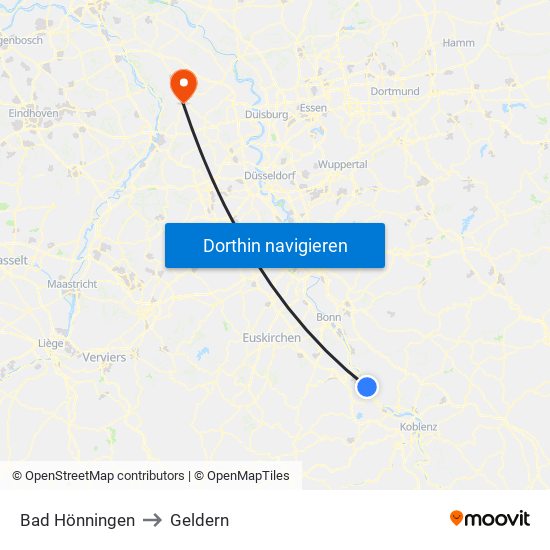 Bad Hönningen to Geldern map