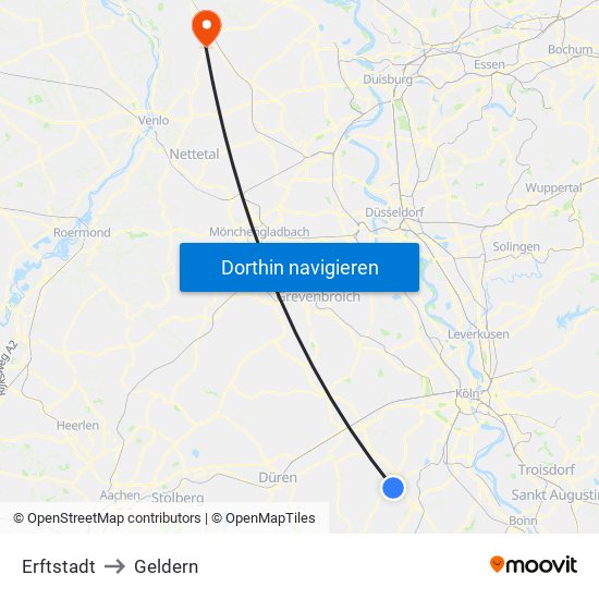 Erftstadt to Geldern map