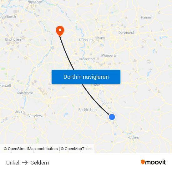 Unkel to Geldern map