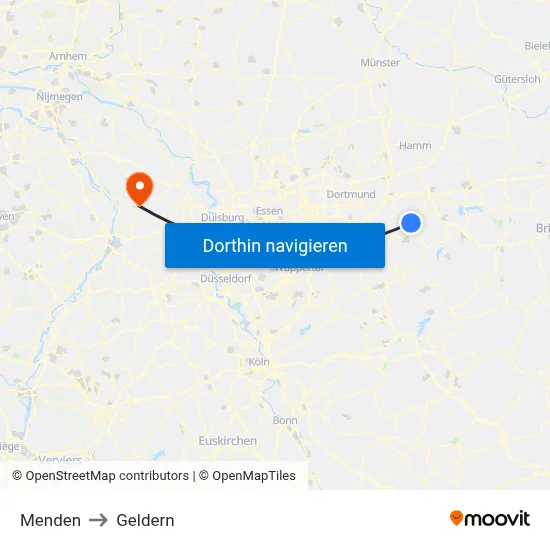 Menden to Geldern map